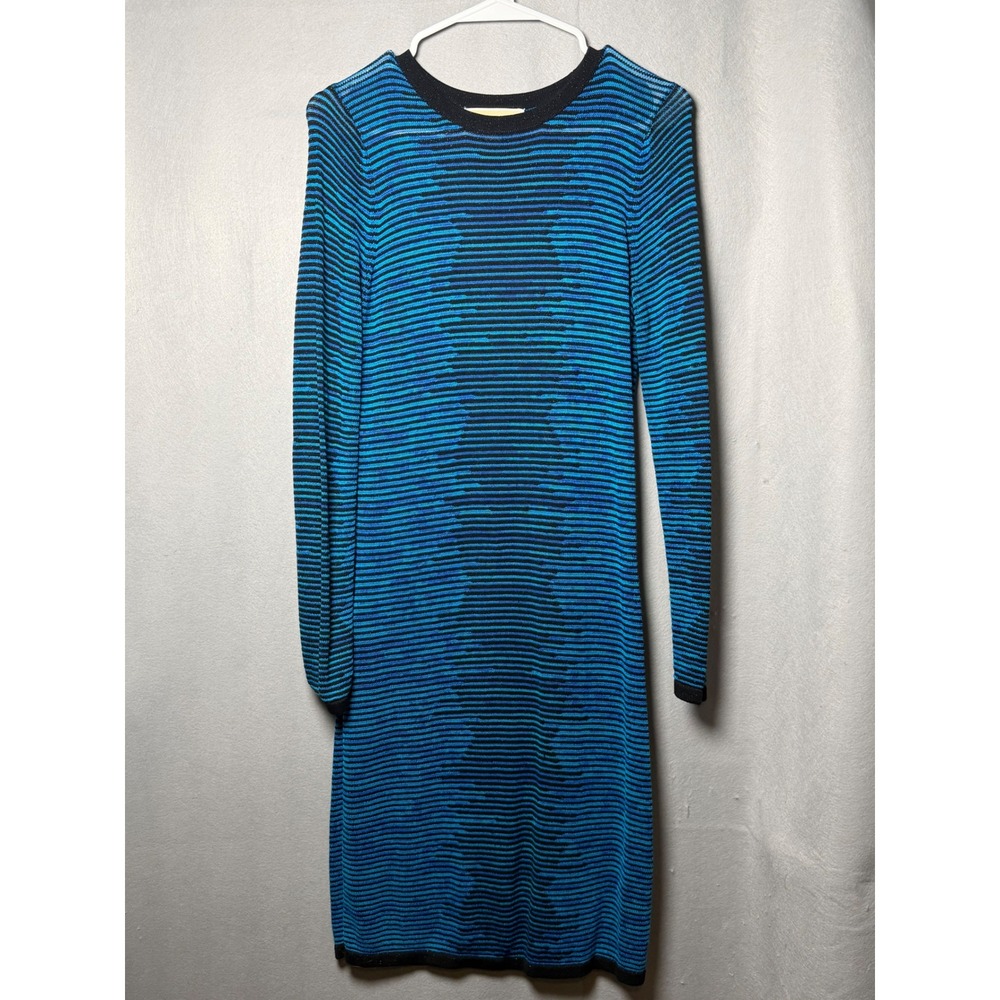 Michael Michael Kors Blue Black Striped Metallic Knit Sweater Dress Medium